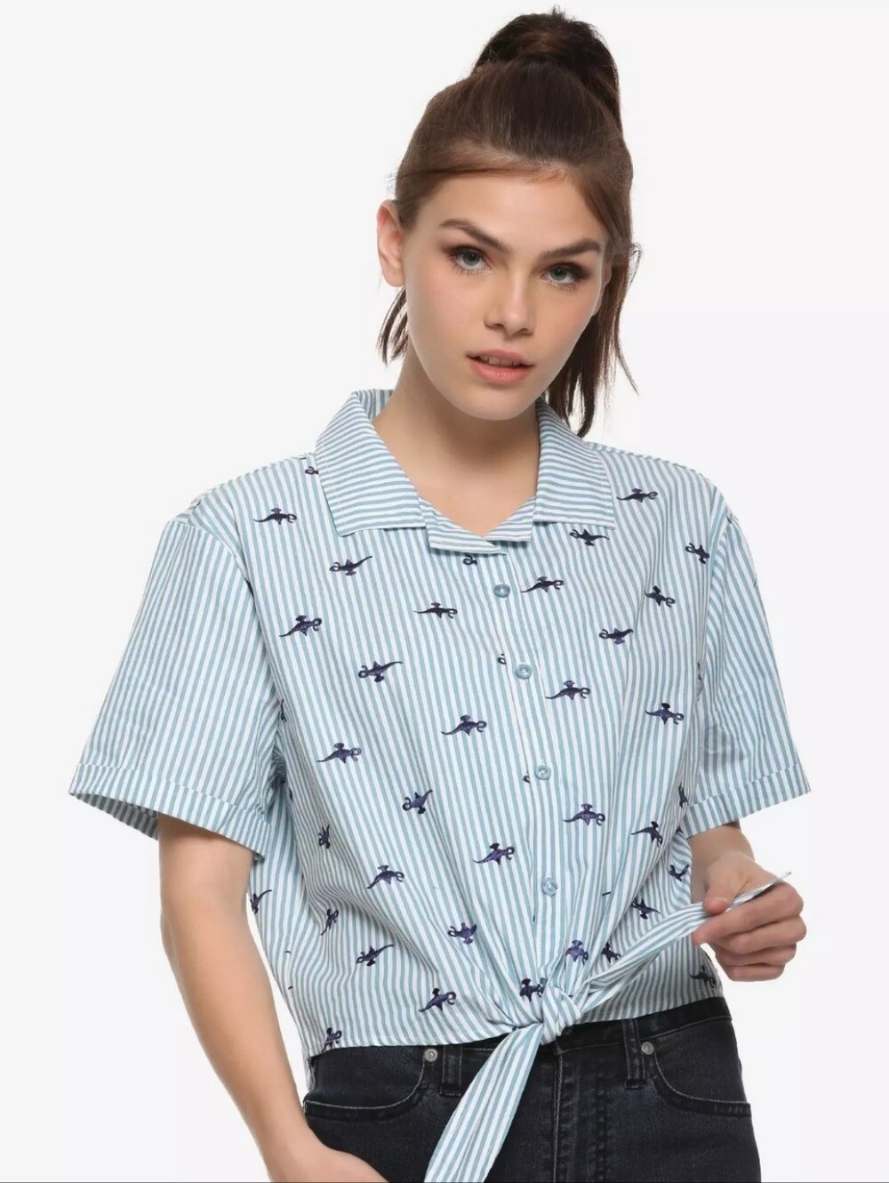 BOX LUNCH Disney Her Universe Embroidered Aladdin Genie Lamp Tie Front Top Sz M